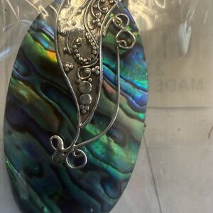 Abalone Shell Silver Accent Pendant Necklace - Green Blue Iridescent
